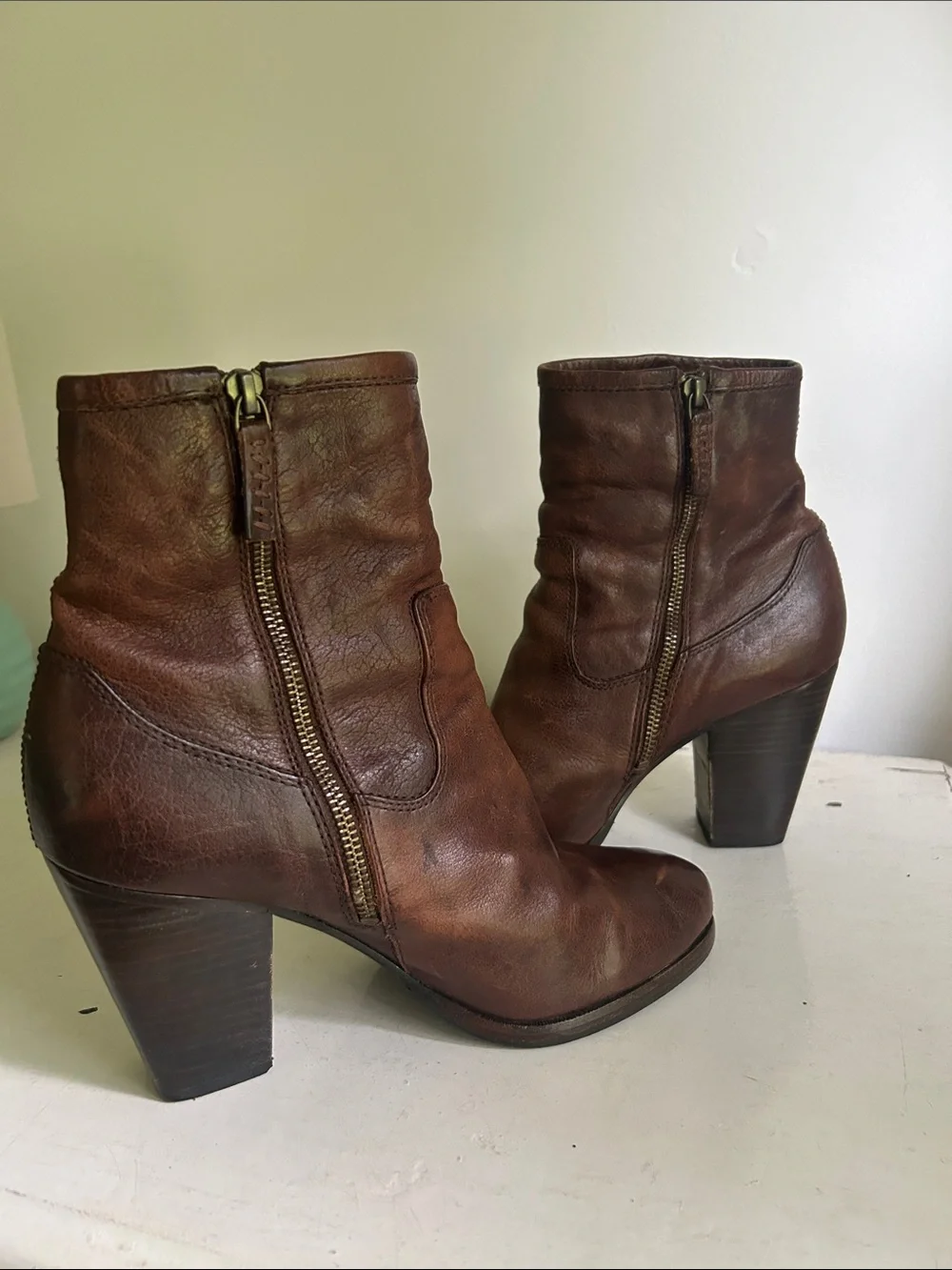 Frye Brown Leather Ankle Booties with Stacked Heel